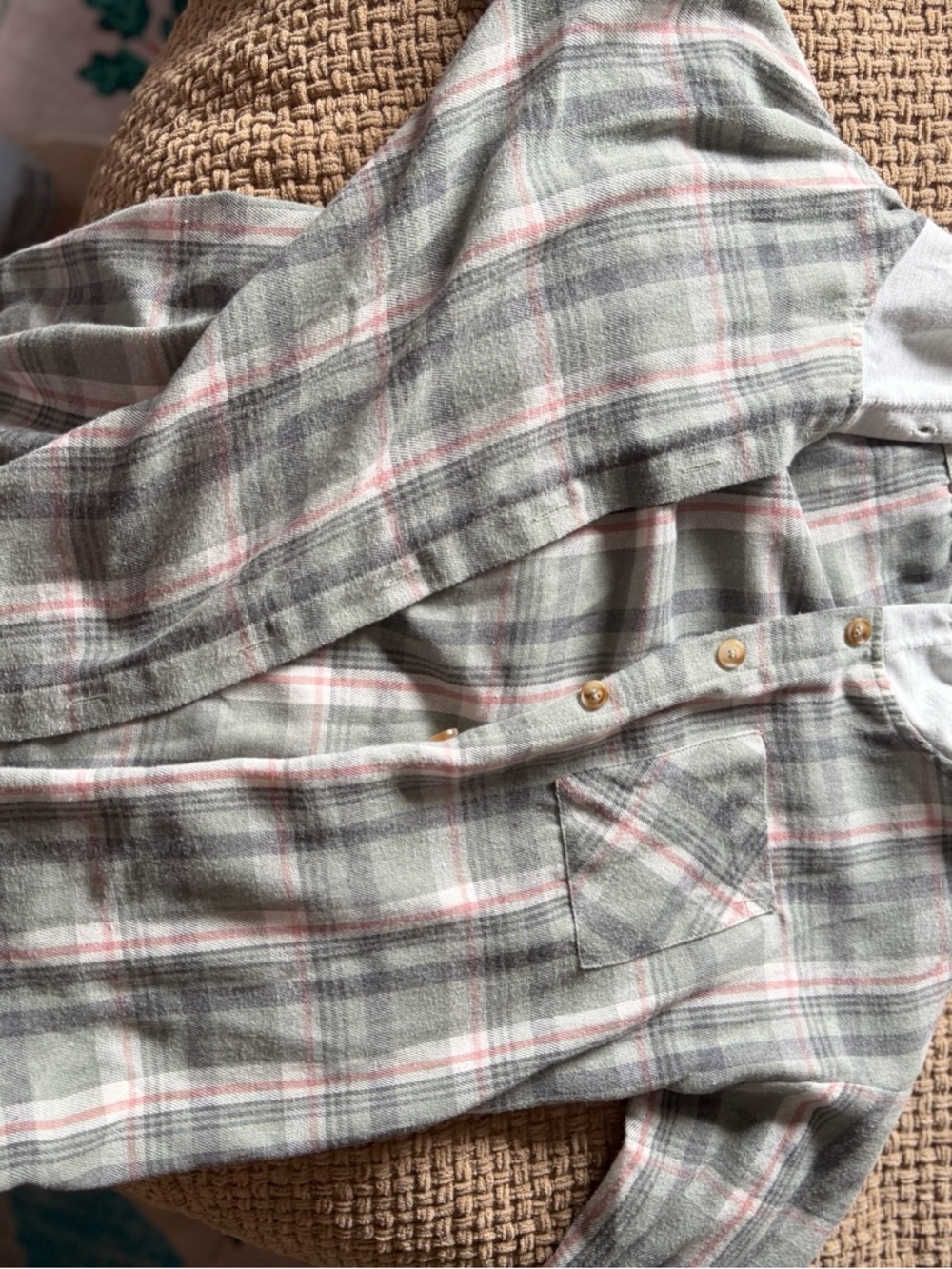 Light Sage Plaid Button-Up Shirt with Pink Accents